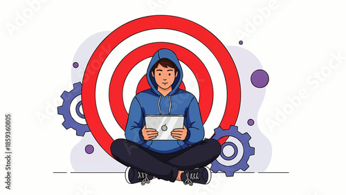 Young man sitting cross legged in front of a large target with laptop and gears representing goal setting and problem solving in a professional