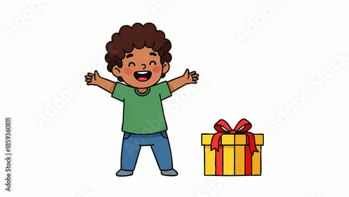 Joyful young boy with curly hair and casual clothing celebrating with a gift box outdoors during daytime