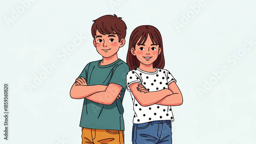 Young boy and girl standing with crossed arms outdoors smiling at camera representing childhood friendship and confidence