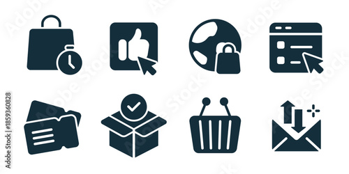 Marketing excellent icon collection. Shopping time, like click, global ecommerce, website click, open book, verified box, shopping basket, email delivery icons