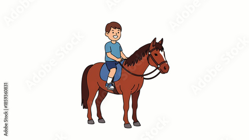Child riding a brown horse with a blue saddle on a white background ideal for equestrian and outdoor activity themes
