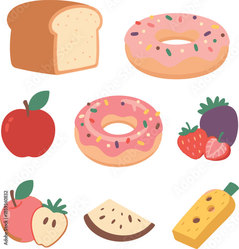  Sweet Food Illustration Set with Donut, Chocolate, and Dessert
