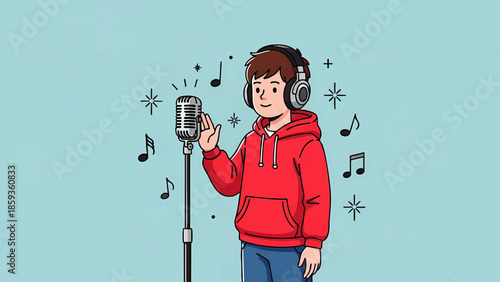 Young woman with headphones singing into microphone in home recording studio setup with musical notes and sound equipment