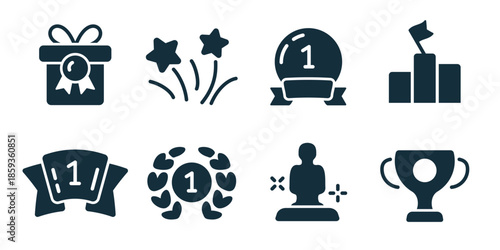 Award and trophy excellent icon collection. Set of award gift, celebration stars, number one badge, ranking podium, ribbon award, laurel medal, winner statue, trophy cup icons