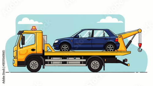 Heavy Duty Vehicle Transport Truck Carrying Sedan Car on Flatbed Tow Truck Road Vehicle Delivery Service