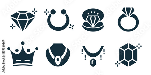 Jewelry excellent icon collection. Set of diamond, open ring, ring box, engagement ring, crown jewel, necklace pendant, medal chain, gemstone icons