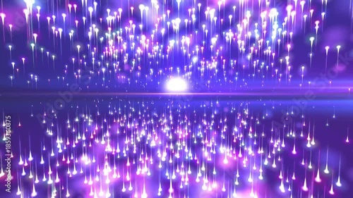 Abstract purple motion background with glowing falling particles and bright lens flare effect