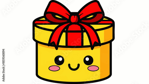 Colorful cartoon style smiling gift box with red bow and yellow wrapping perfect for holiday celebration themes and promotional material