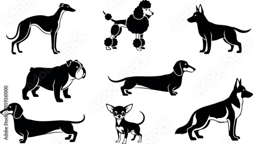 Collection of various dog breeds in silhouette