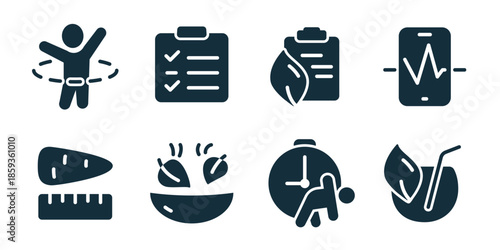 Diet and nutrition excellent icon collection. Waist measure, checklist, eco document, heartbeat phone, carrot ruler, salad bowl, fitness clock, leaf drink icons