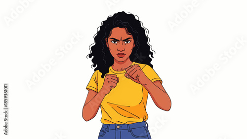 Determined Young Woman Standing in Fighting Stance Ready to Confront Challenges overlay