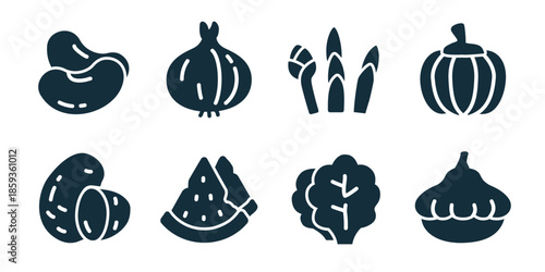 Vegetables excellent icon collection. Beans, onion, asparagus, squash, carrot, watermelon slice, lettuce, pie icons