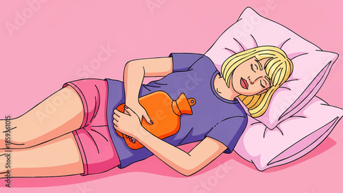 Woman Feeling Unwell with Stomach Pain Relief Using Hot Water Bottle on Bed overlay