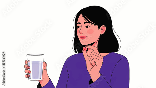Woman Holding Pill and Glass of Water Ready to Take Medication for Health and Wellness overlay