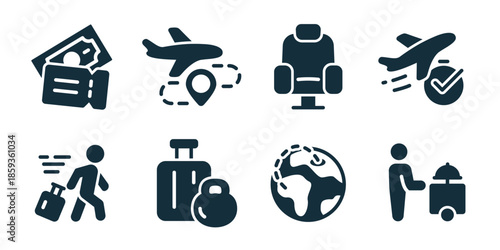 Travel and aviation excellent icon collection. Wallet payment, flight route, airport seat, flight approval, fast traveler, luggage security, global travel, airport service icons