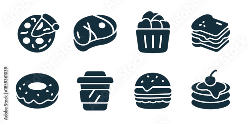 Fast food excellent icon collection. Pizza, steak, popcorn bucket, sandwich, donut, coffee cup, burger, pancakes icons