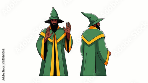 Mystical Wizard Character Design with Green Robe and Pointed Hat overlay