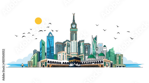 Vibrant vector illustration of a significant Middle Eastern city skyline, featuring its majestic clock tower and sacred architecture illuminated by a bright sun
