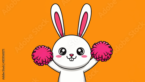 Cute Cartoon Rabbit Holding Pom Poms Cheering Excitedly overlay