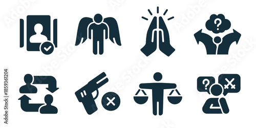 Morality excellent icon collection. Set of verified identity, guardian angel, prayer hands, moral choice, people exchange, gun ban, fairness scales, conflict debate icons