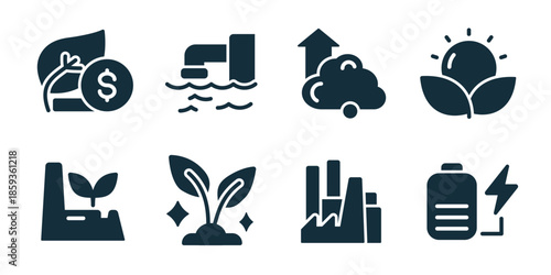Net zero excellent icon collection. Set of eco finance, flood industry, clean growth, green sprout, sustainable factory, renewable seedling, industrial emissions, energy storage icons