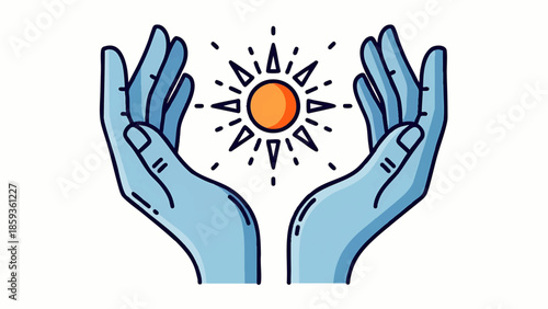 Open Hands Holding a Shining Sun Emblem Concept of Care Hope and Energy overlay