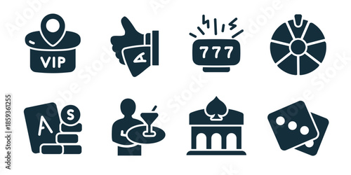 Casino and gambling excellent icon collection. Set of vip badge, card payment, slot jackpot, roulette wheel, ace stake, cocktail service, casino hall, dice game icons