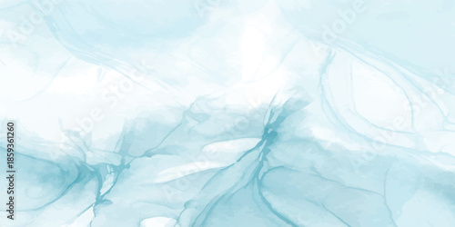 An abstract blue background with smoke features a frozen texture of ice and snow patterns, capturing a cold winter sky with white frost and crystal clouds on a textured nature surface