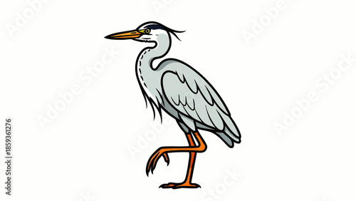 Elegant Grey Heron Bird Standing on One Leg Cartoon Style overlay