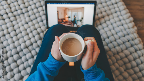 Relaxed person enjoying coffee while browsing on laptop at home