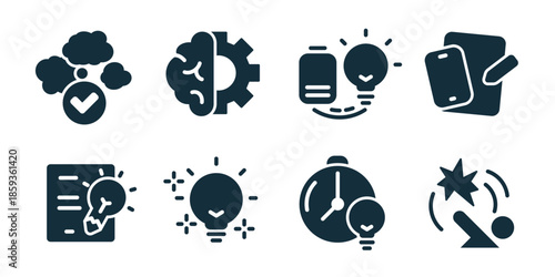 Idea and Inspiration excellent icon collection. Approved thought, brain gear, mobile idea, phone message, document creativity, bright bulb, time idea, failure accident icons