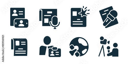 Television and media excellent icon collection. Identity cards, podcast recording, breaking news, microphone press, newspaper report, media badge, globe world, video filming icons