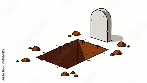 Empty rectangular grave site with mounds of dirt beside a simple stone tombstone isolated on white.