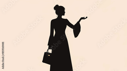 Silhouette of a stylish woman holding a handbag with one hand raised, isolated on a soft cream.