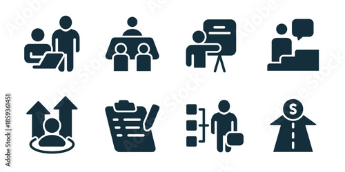 Business training excellent icon collection. Manager review, team meeting, trainer lesson, public speech, promotion growth, checklist plan, candidate selection, career road icons