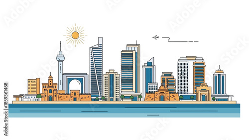 Dynamic metropolitan skyline illustration featuring modern and classic architecture, presented in a clean line art style under a bright, sunny sky over the water
