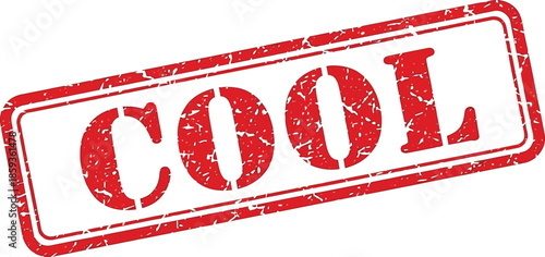 A striking red stamp displaying the word cool with a distressed worn texture is prominently featured