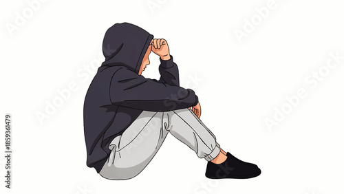 A thoughtful person wearing a dark hoodie sits hunched over isolated on a clean white background.