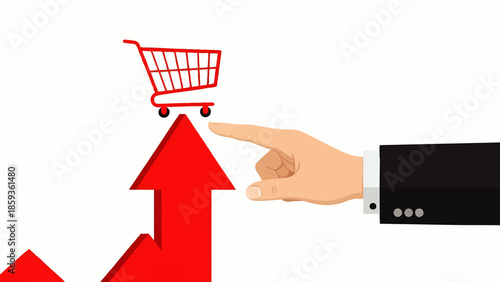 Business hand points to a rising red arrow below a shopping cart indicating strong sales growth.