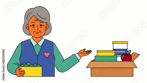 Senior female volunteer offers a box of food donations next to an open carton isolated on white.