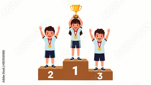 Three children stand on a winner's podium celebrating victory holding a gold trophy isolated on.