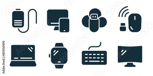 Devices and electronics excellent icon collection. Set of power bank, desktop computer, robot assistant, wireless mouse, laptop, smart watch, keyboard, curved monitor icons