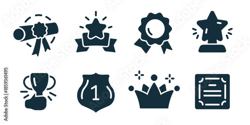 Award and trophy excellent icon collection. Set of diploma scroll, star badge, quality seal, star trophy, winner cup, first place shield, crown award, certificate icons