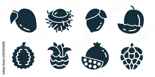 Fruits excellent icon collection. Mango, chestnut, lemon, melon slice, raspberry, pineapple, pomegranate, hops icons
