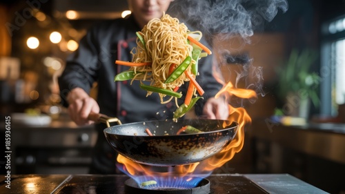 Professional Chef Tossing Stir-fry Noodles and Fresh Vegetables in a Flaming Wok - Dynamic High-Speed Action Photography in Commercial Kitchen