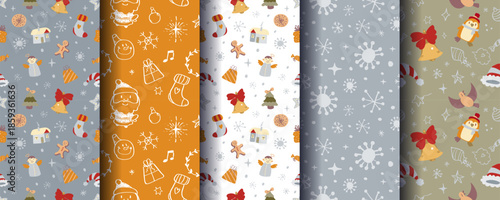 Set of 5 cute cosy seamless Christmas ornaments with festive winter elements. Perfect for holiday backgrounds, wrapping, cards, textiles, packaging, prints and seasonal designs. Vector format.