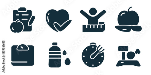 Diet and nutrition excellent icon collection. Meal plan, heart check, body measure, apple plate, lunch box, water bottle, calorie clock, gym weight icons