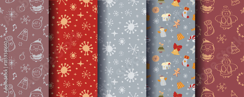 Set of 5 cute cosy seamless Christmas ornaments with festive winter elements. Perfect for holiday backgrounds, wrapping, cards, textiles, packaging, prints and seasonal designs. Vector format.