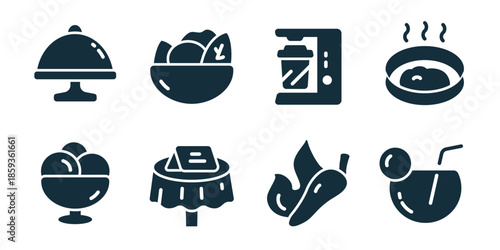 Restaurant excellent icon collection. Cloche, salad bowl, coffee machine, soup bowl, ice cream, menu table, herbs, cocktail icons