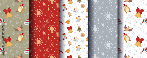 Set of 5 cute cosy seamless Christmas ornaments with festive winter elements. Perfect for holiday backgrounds, wrapping, cards, textiles, packaging, prints and seasonal designs. Vector format.